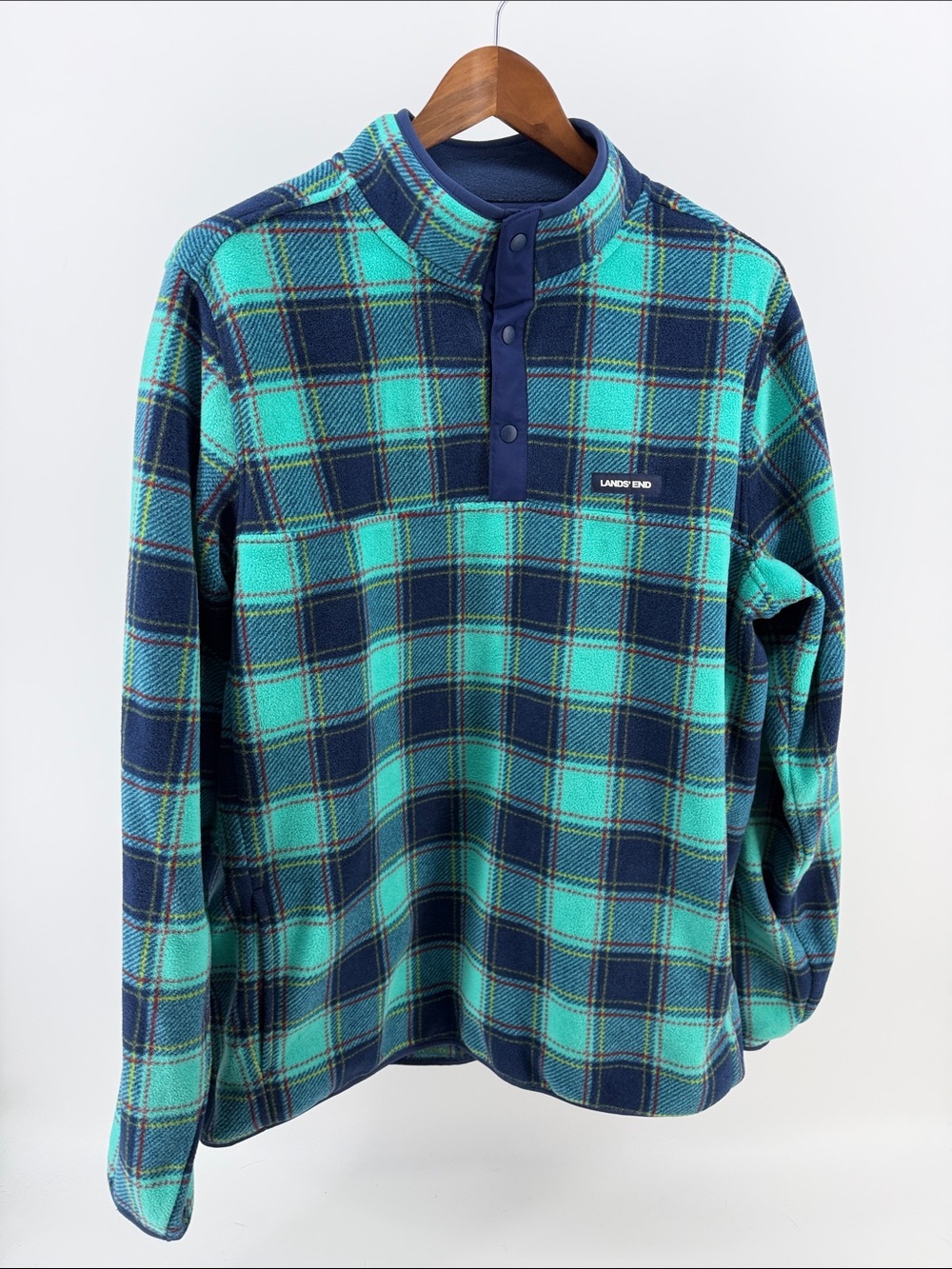 Lands' End Teal and Navy Plaid Fleece Snap Pullover